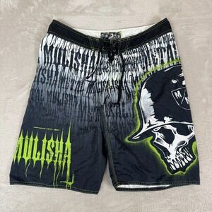 Vintage Y2K Metal Mulisha Skull Board Shorts Mens 34 Black Preowned Summer Beach
